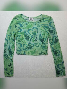 Princess Poly Tahlia Long Sleeve Top Cropped Green Sz 6 Mesh 70s Retro Hearts